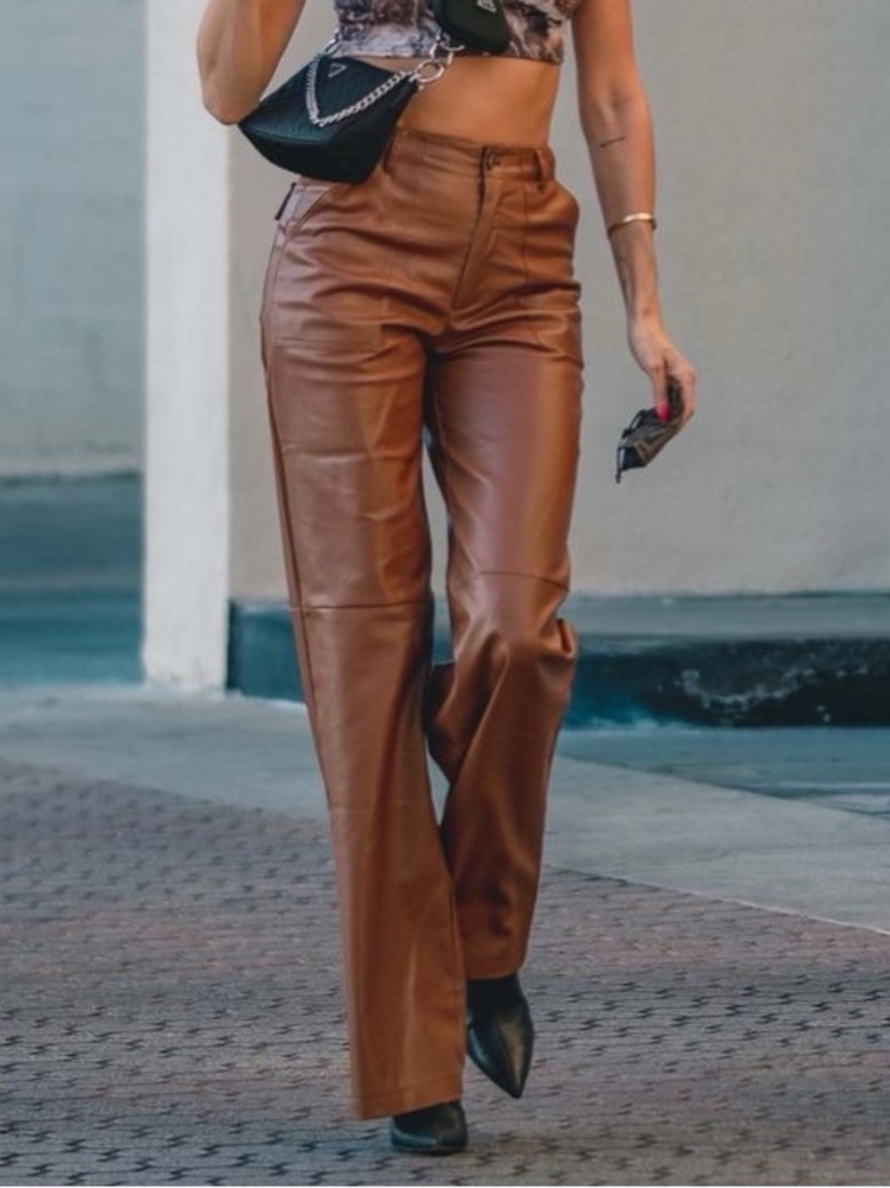 Free People High-Rise Crop (Vegan) Leather Kick-Flare Pants Brown size 8